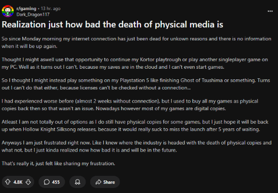 玩家感叹实体游戏消亡:断网一周很多数字游戏不能玩